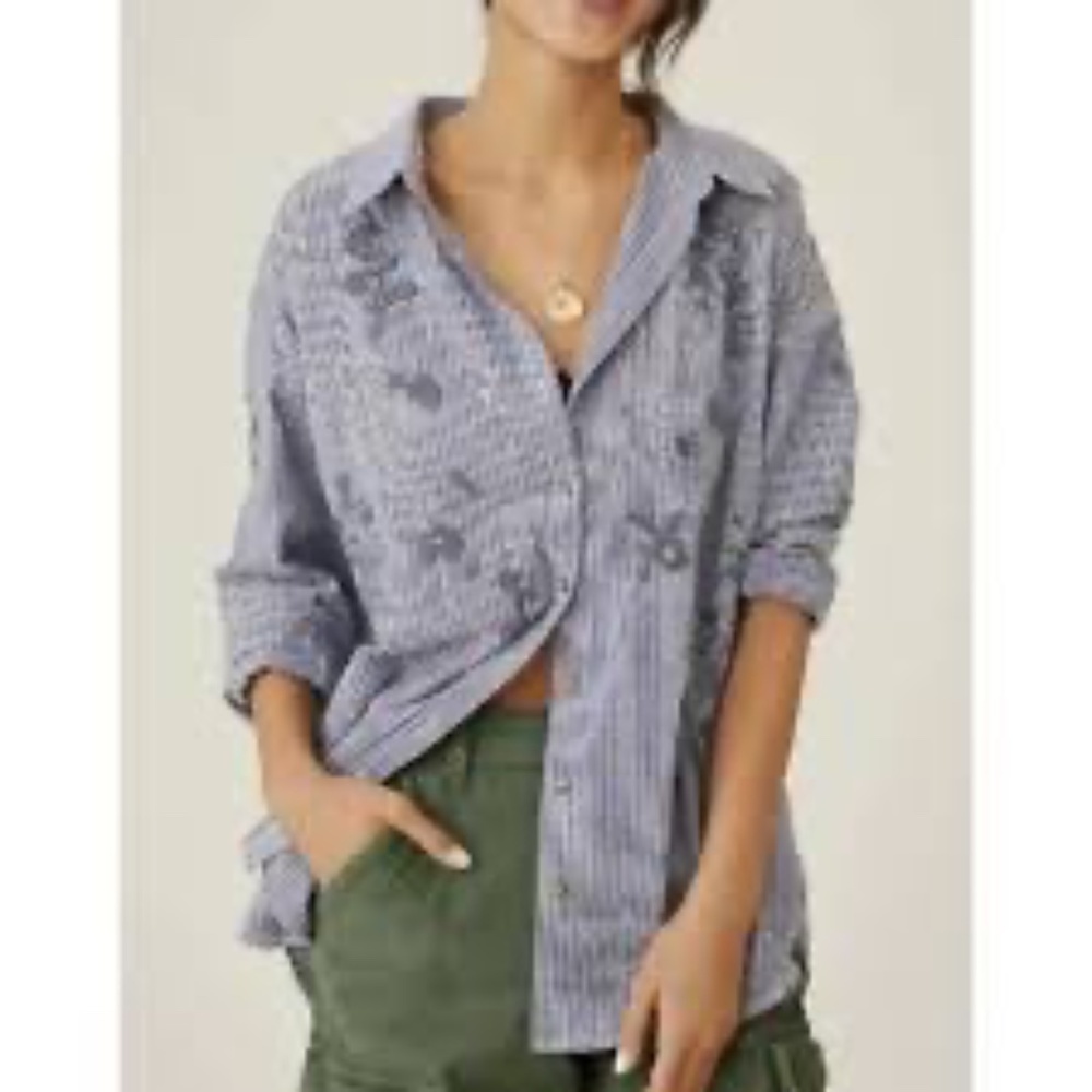 Pilcro Anthropologie Floral Stripe Shirt Women's S Embroidered Beaded